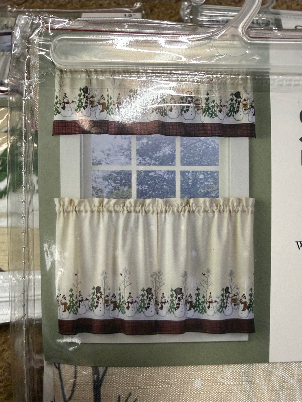 Festive Cream Snowman Kitchen Curtain Valance Set of Two with Brown Trim